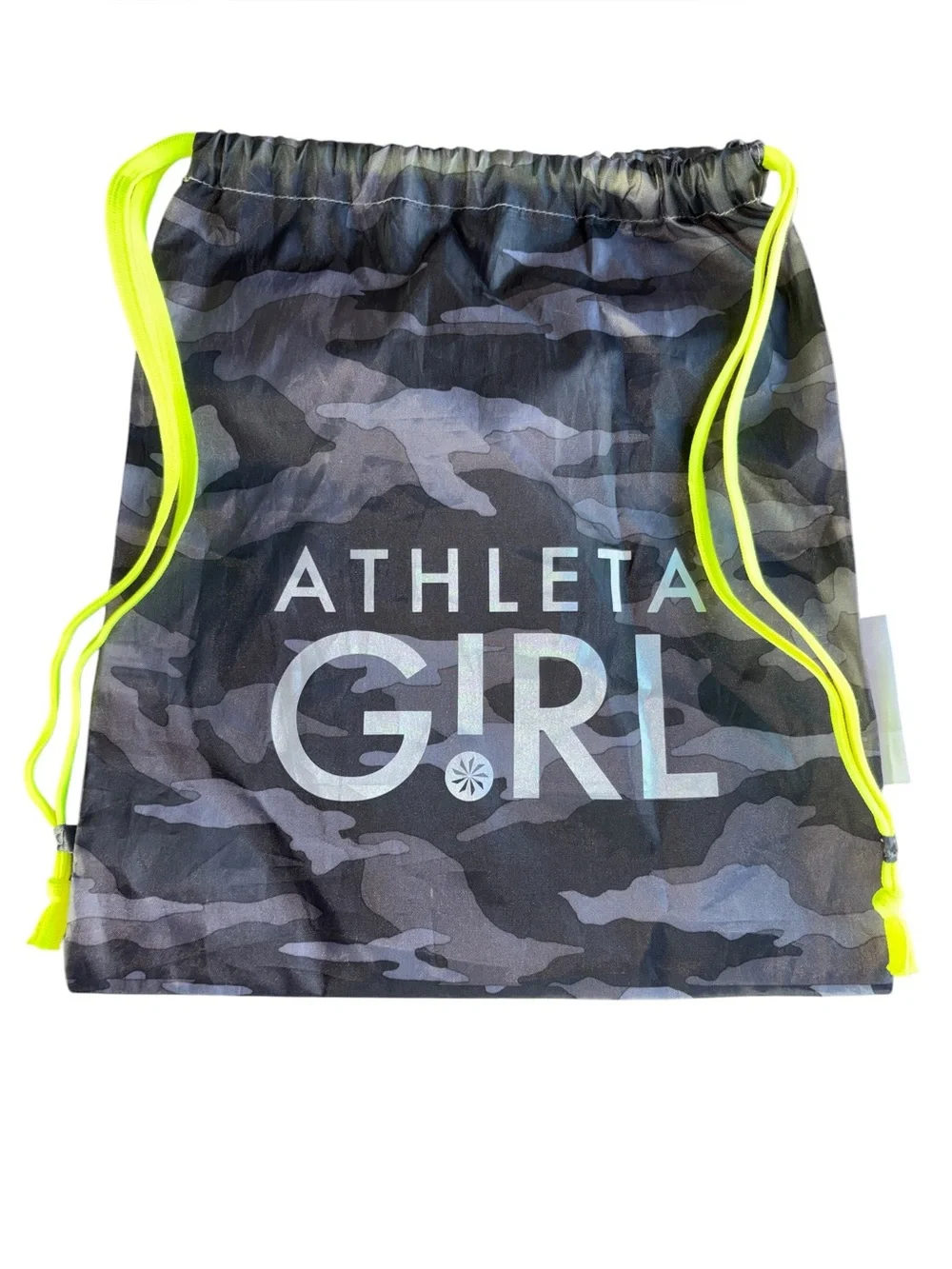 Athleta Girl Camo Drawstring Bag with Neon Yellow Accent Cords Bag